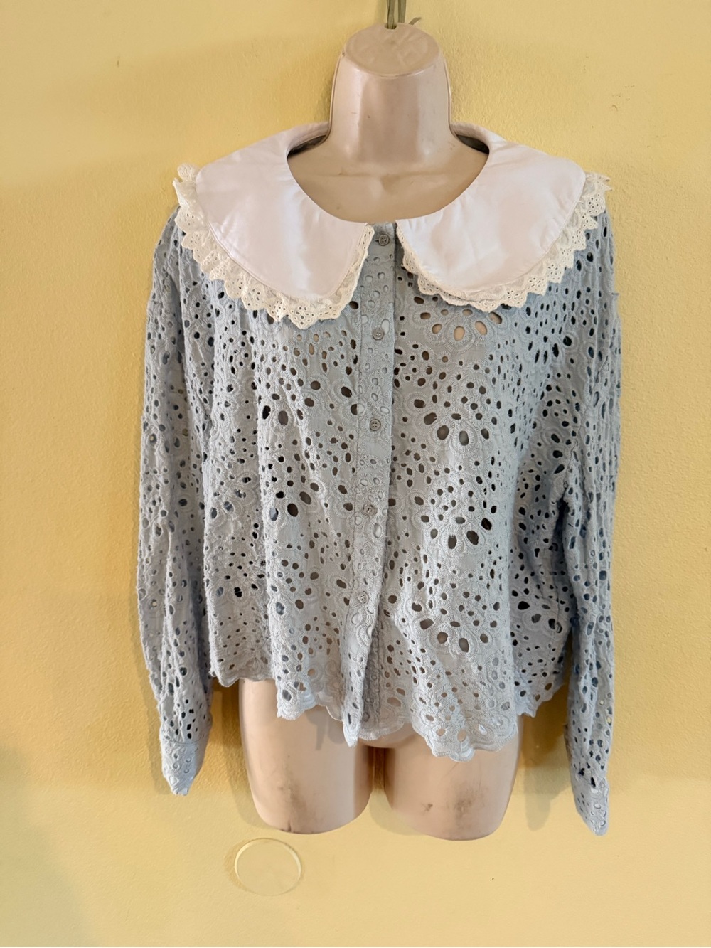 Maje Pale Blue Eyelet Lace Button-Front Blouse with White Peter Pan Collar
